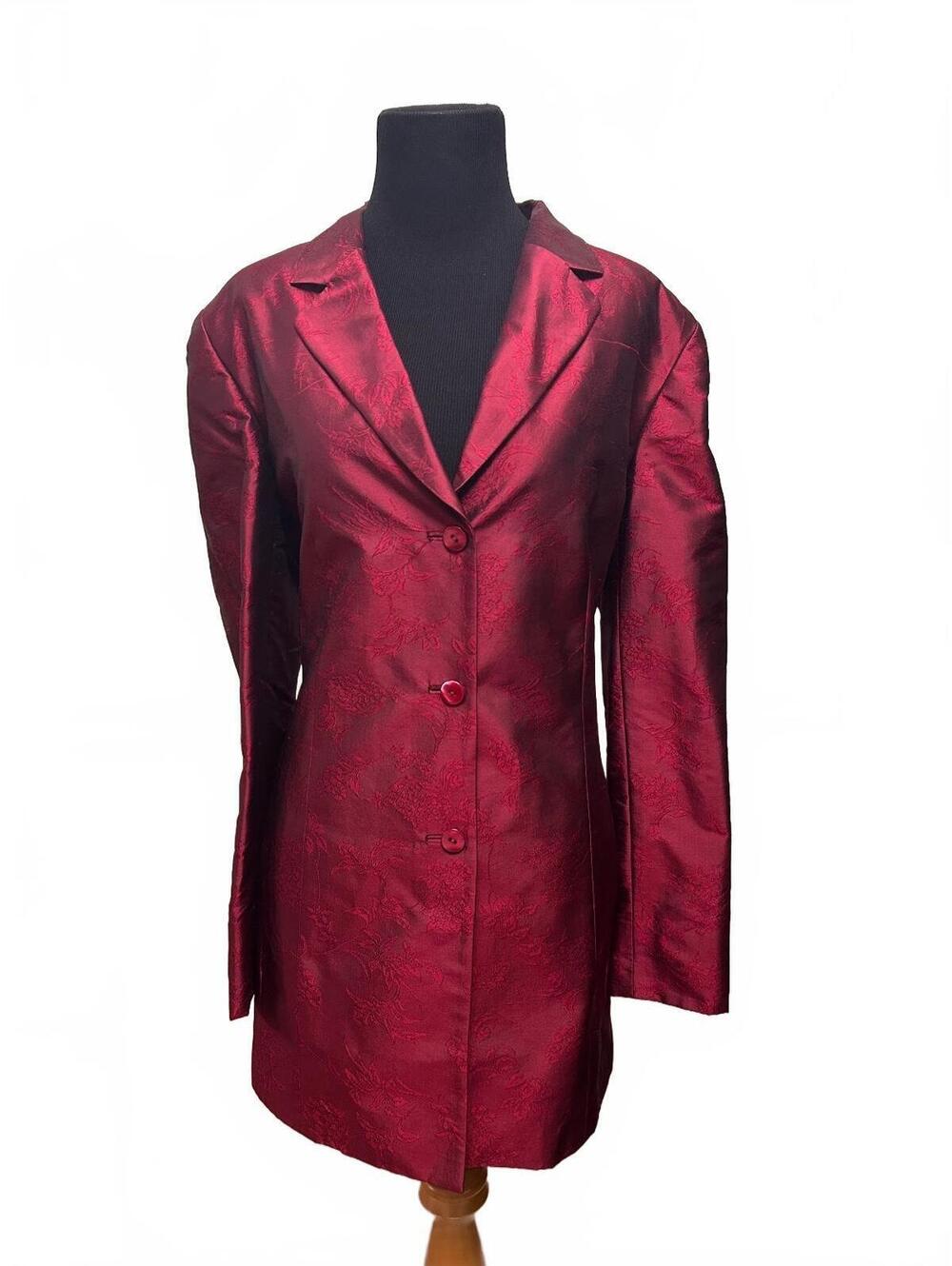 Kate Hill 100% Silk Brocade Longline Blazer Jacket Red Size 14